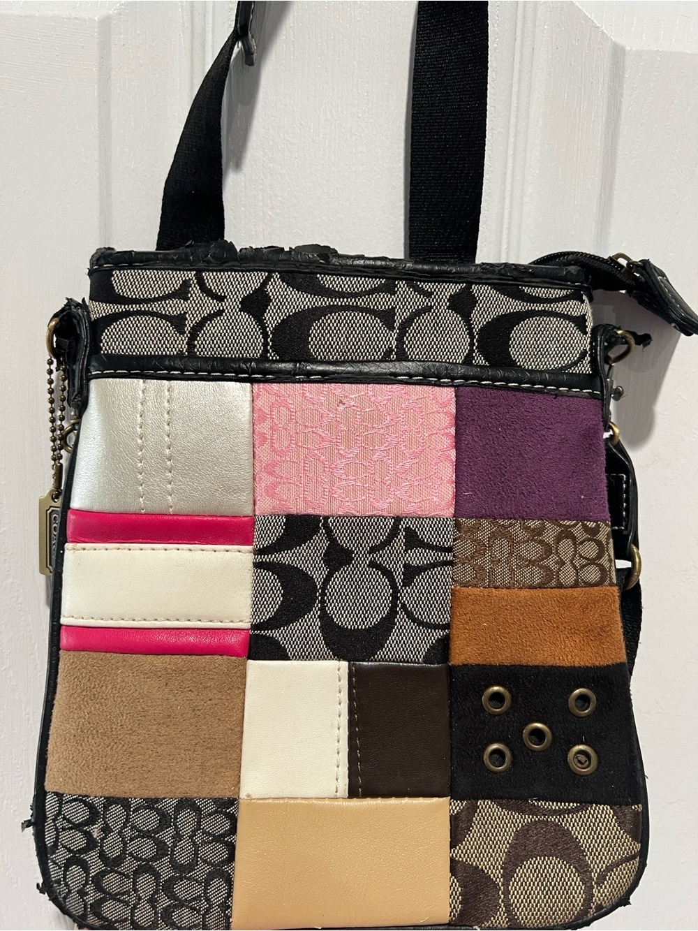 Vintage Coach Patchwork Crossbody Bag in Pink, Purple, Tan, Cream and Black